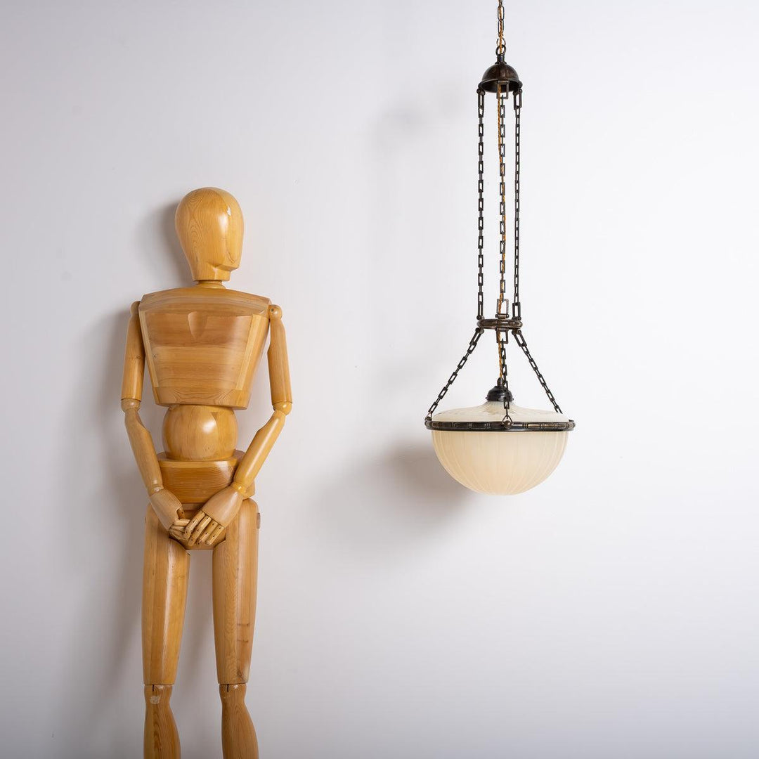 Rare & Exquisite Large Two Part "MOONSTONE" Plafonnier Pendant Light with Cast Bronze Enclosure