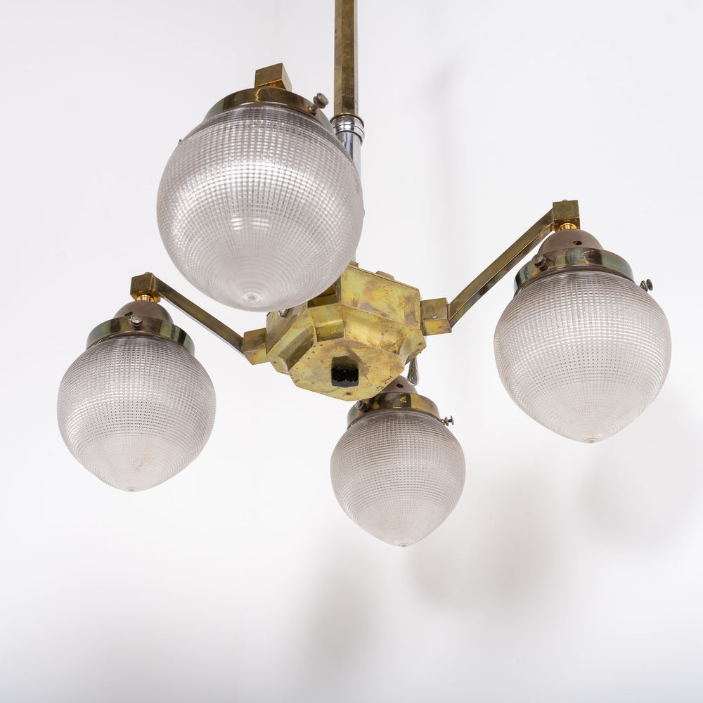 Rare Four Arm Articulating Antique Dental Light with Holophane Pine Glass Shades