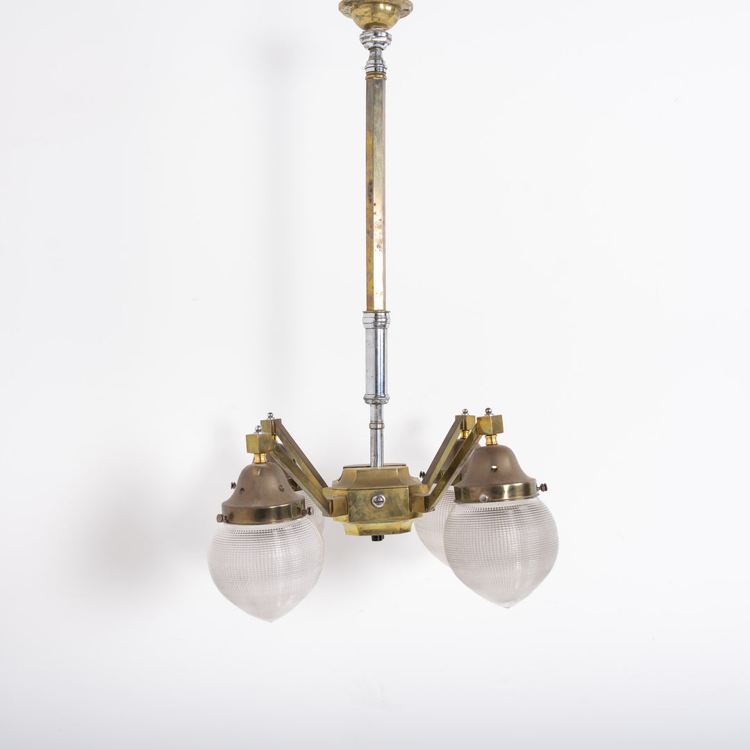 Rare Four Arm Articulating Antique Dental Light with Holophane Pine Glass Shades