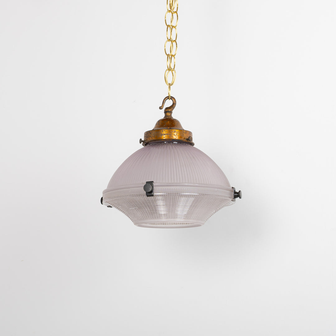 Rare Holophane Two-Part Reflector-Refractor Lilac Prismatic Glass Pendant Light