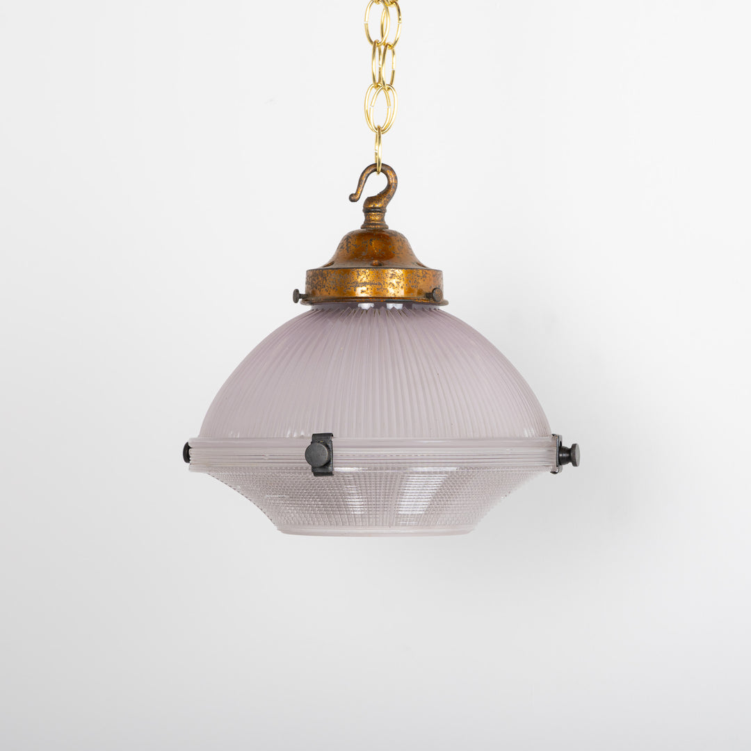 Rare Holophane Two-Part Reflector-Refractor Lilac Prismatic Glass Pendant Light