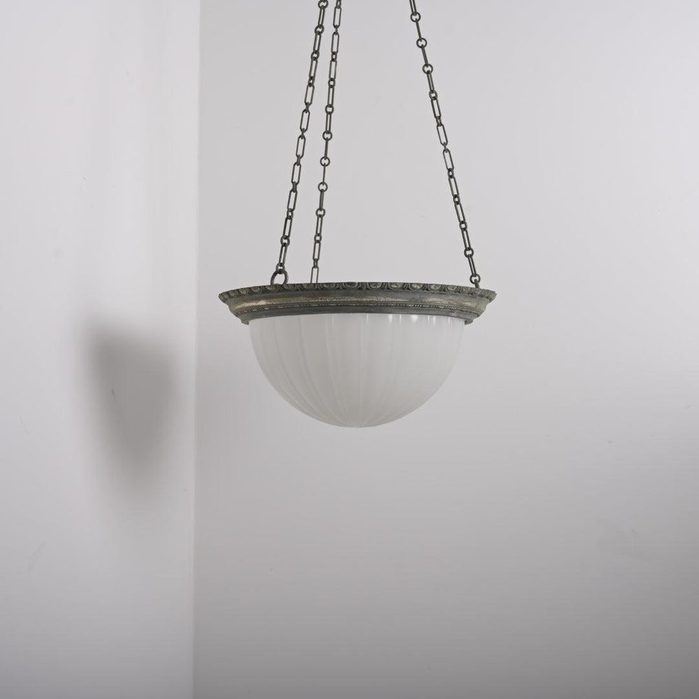 Rare Jefferson 482 Moonstone Plafonnier Pendant Light in Nickel-Plated Bronze Frame