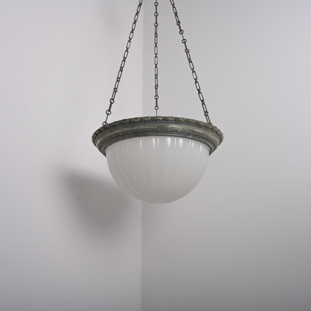 Rare Jefferson 482 Moonstone Plafonnier Pendant Light in Nickel-Plated Bronze Frame