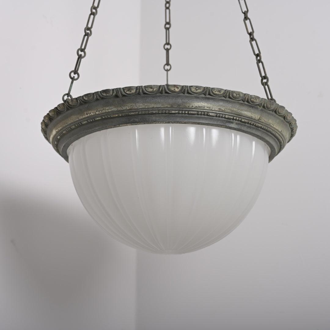Rare Jefferson 482 Moonstone Plafonnier Pendant Light in Nickel-Plated Bronze Frame