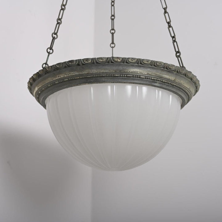 Rare Jefferson 482 Moonstone Plafonnier Pendant Light in Nickel-Plated Bronze Frame