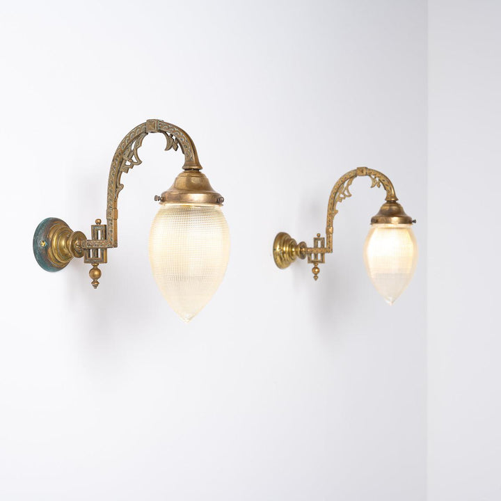 Rare Large Cast Brass Wall Sconces with Holophane Pine Prismatic Glass Shades