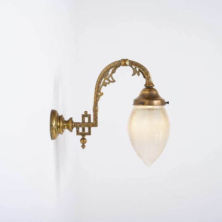 Rare Large Cast Brass Wall Sconces with Holophane Pine Prismatic Glass Shades