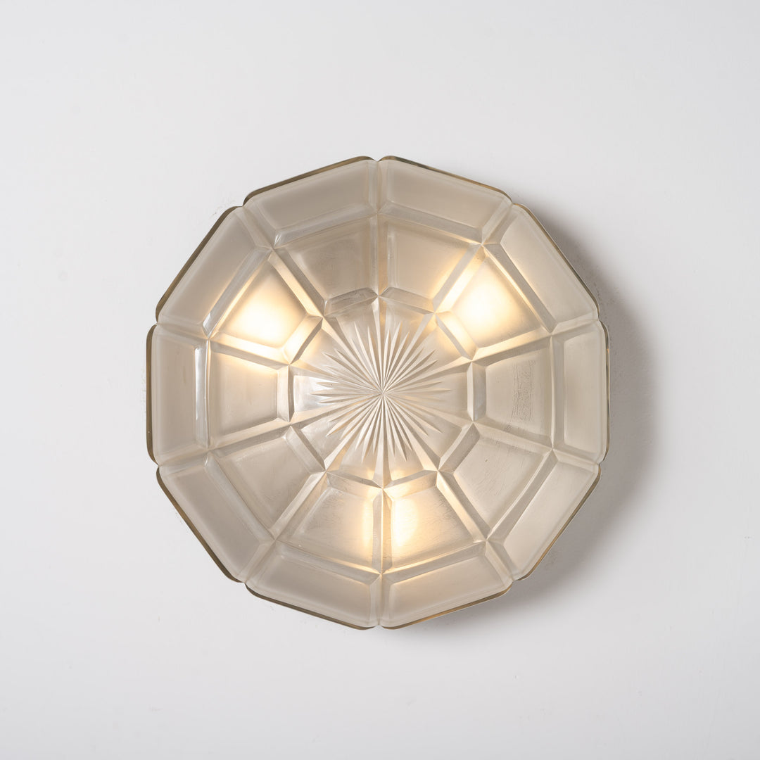 Rare Large Cast Bronze Flush to Ceiling Light with Deep Cut Satin Glass Bowl