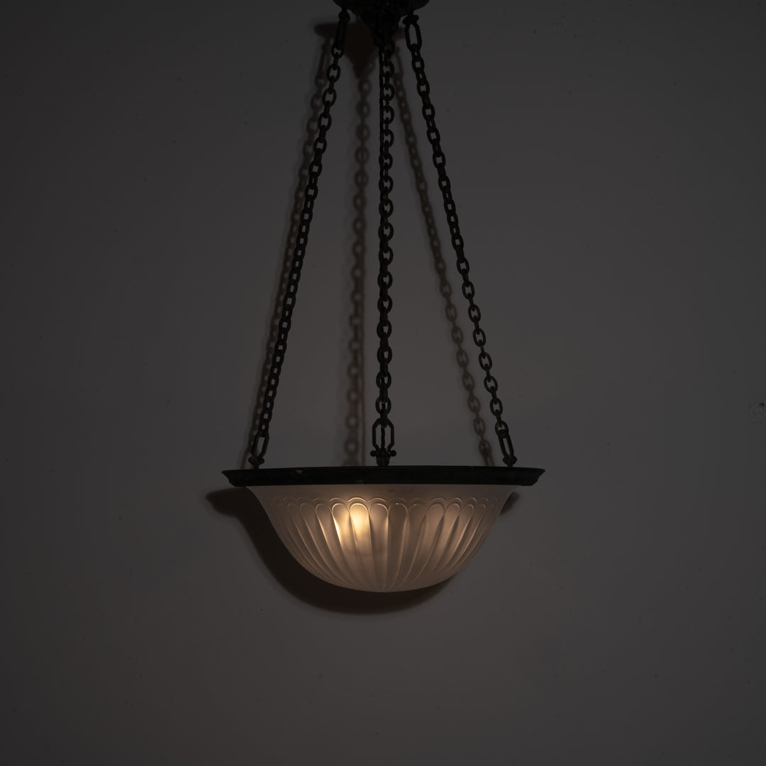 Rare Large F&C Osler Satin Glass Plafonnier Light with Original Heavy Cast Bronze Fittings