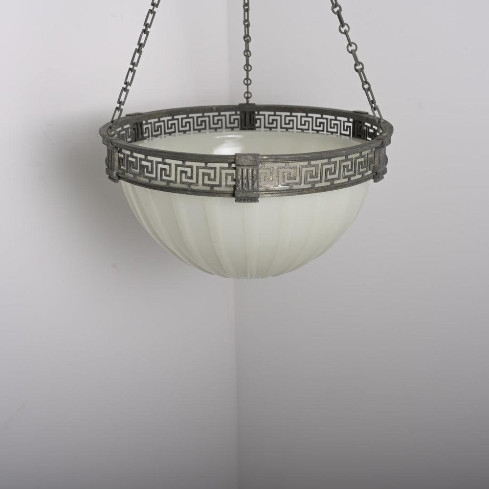 Rare Large Scale 16 inch Antique Moonstone Plafonnier in Quality Cast Nickel Greek Key Frame