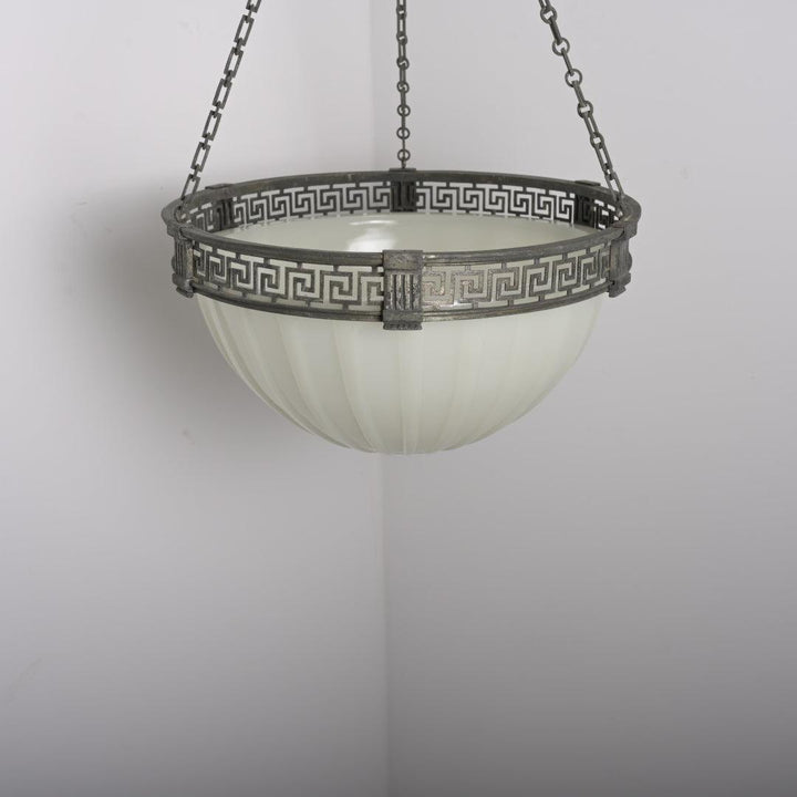 Rare Large Scale 16 inch Antique Moonstone Plafonnier in Quality Cast Nickel Greek Key Frame