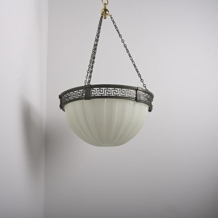 Rare Large Scale 16 inch Antique Moonstone Plafonnier in Quality Cast Nickel Greek Key Frame