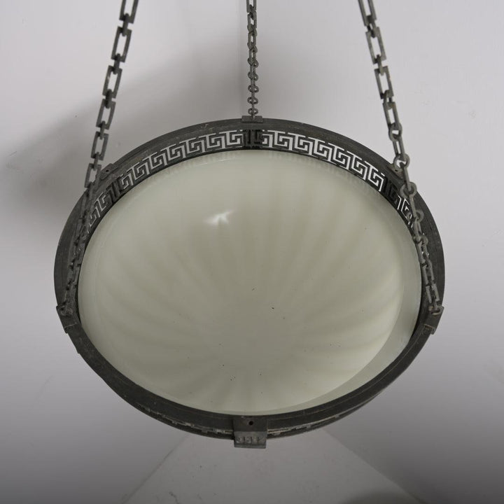 Rare Large Scale 16 inch Antique Moonstone Plafonnier in Quality Cast Nickel Greek Key Frame