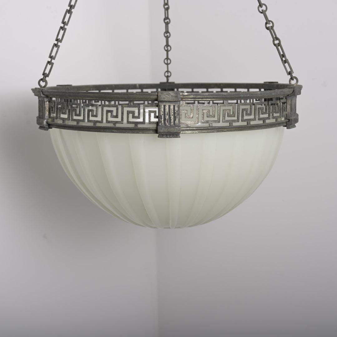 Rare Large Scale 16 inch Antique Moonstone Plafonnier in Quality Cast Nickel Greek Key Frame