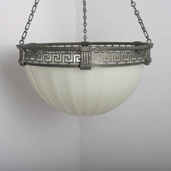 Rare Large Scale 16 inch Antique Moonstone Plafonnier in Quality Cast Nickel Greek Key Frame