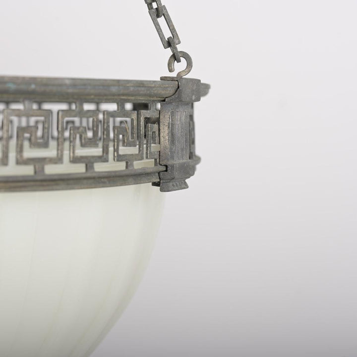 Rare Large Scale 16 inch Antique Moonstone Plafonnier in Quality Cast Nickel Greek Key Frame