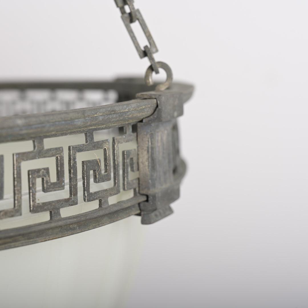 Rare Large Scale 16 inch Antique Moonstone Plafonnier in Quality Cast Nickel Greek Key Frame