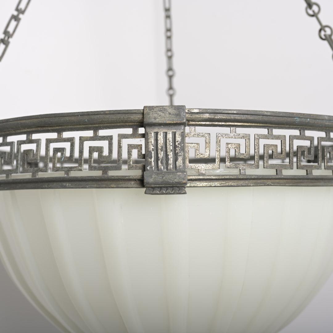 Rare Large Scale 16 inch Antique Moonstone Plafonnier in Quality Cast Nickel Greek Key Frame