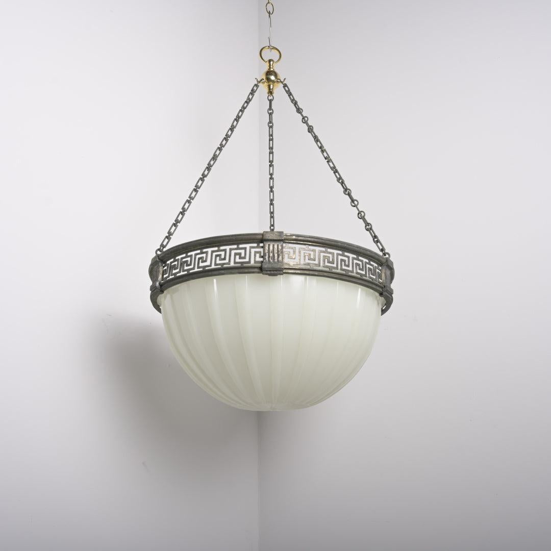 Rare Large Scale 16 inch Antique Moonstone Plafonnier in Quality Cast Nickel Greek Key Frame