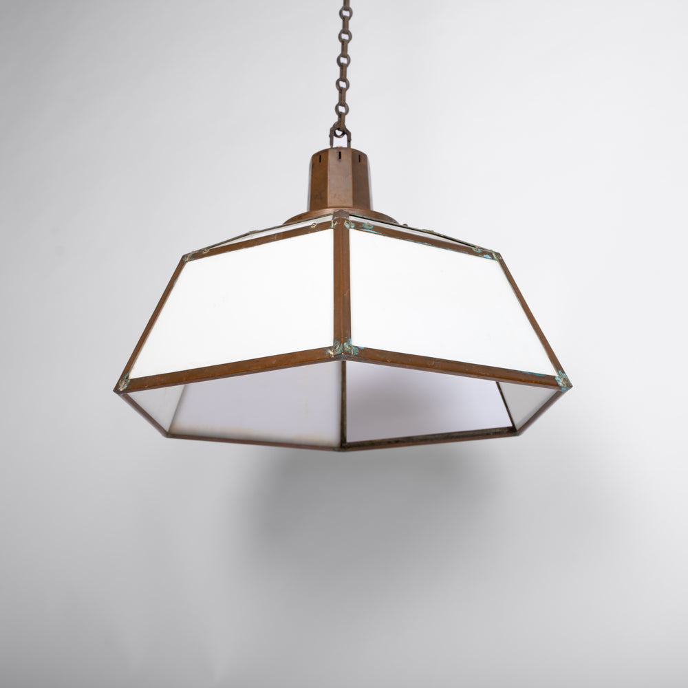 Rare London Underground Hexagonal Copper & Glass Extra Large Pendant Light