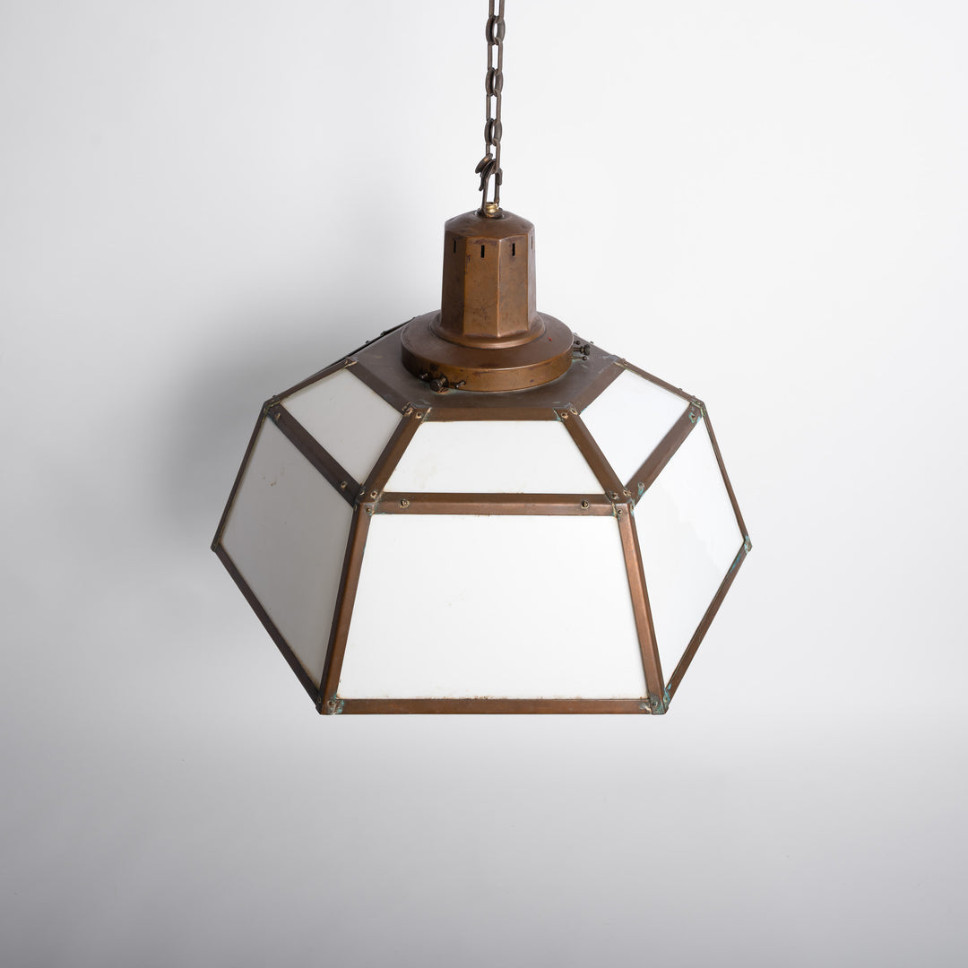 Rare London Underground Hexagonal Copper & Glass Extra Large Pendant Light