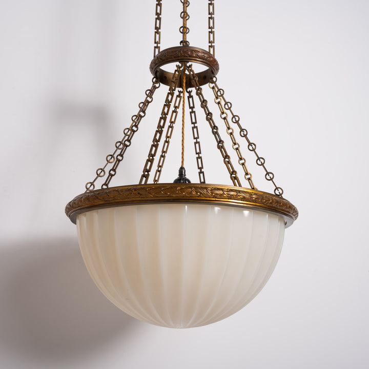 Rare Monumental 20 inch Jefferson Moonstone Pendant Light with Exceptional Cast Brass Fittings