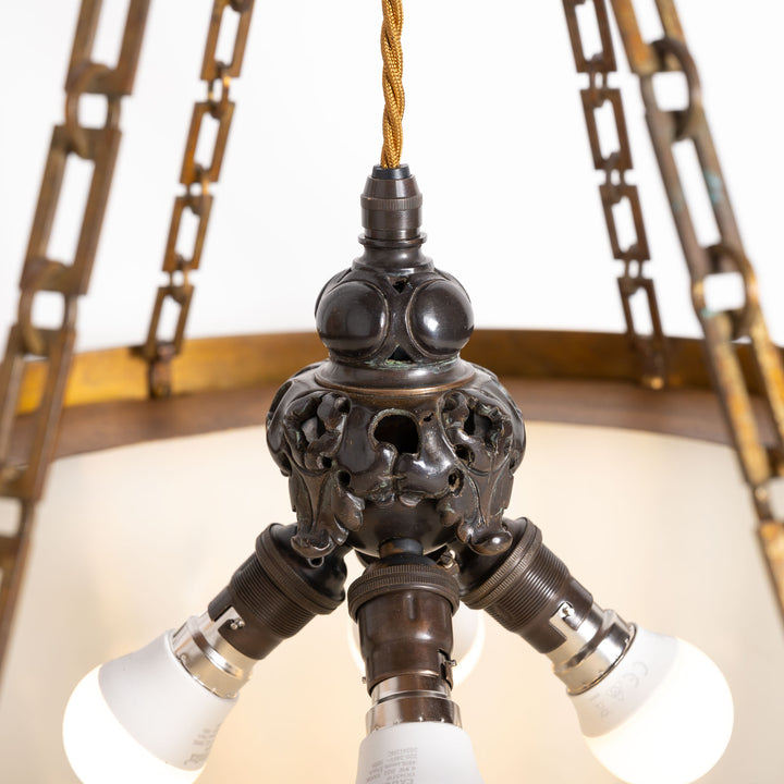 Rare Monumental 20 inch Jefferson Moonstone Pendant Light with Exceptional Cast Brass Fittings