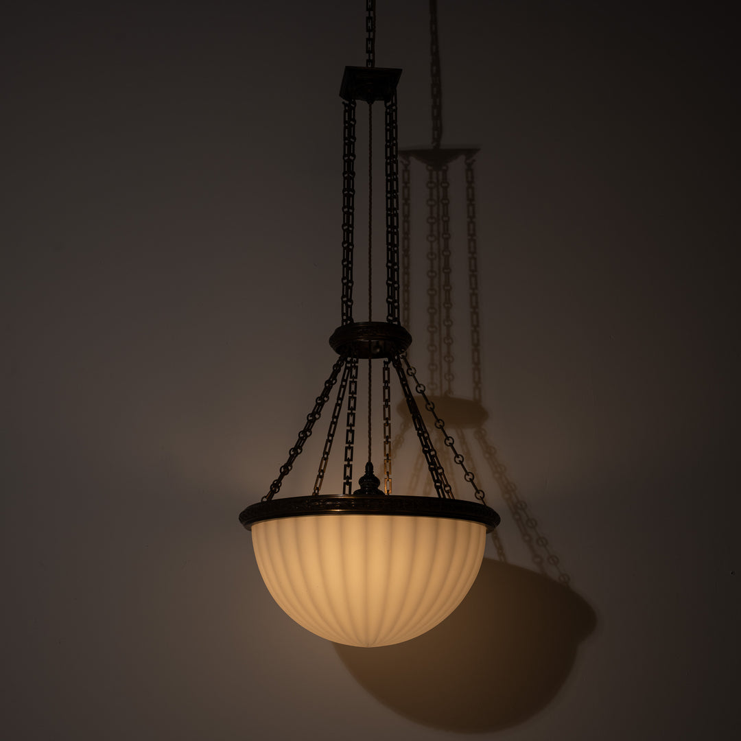 Rare Monumental 20 inch Jefferson Moonstone Pendant Light with Exceptional Cast Brass Fittings