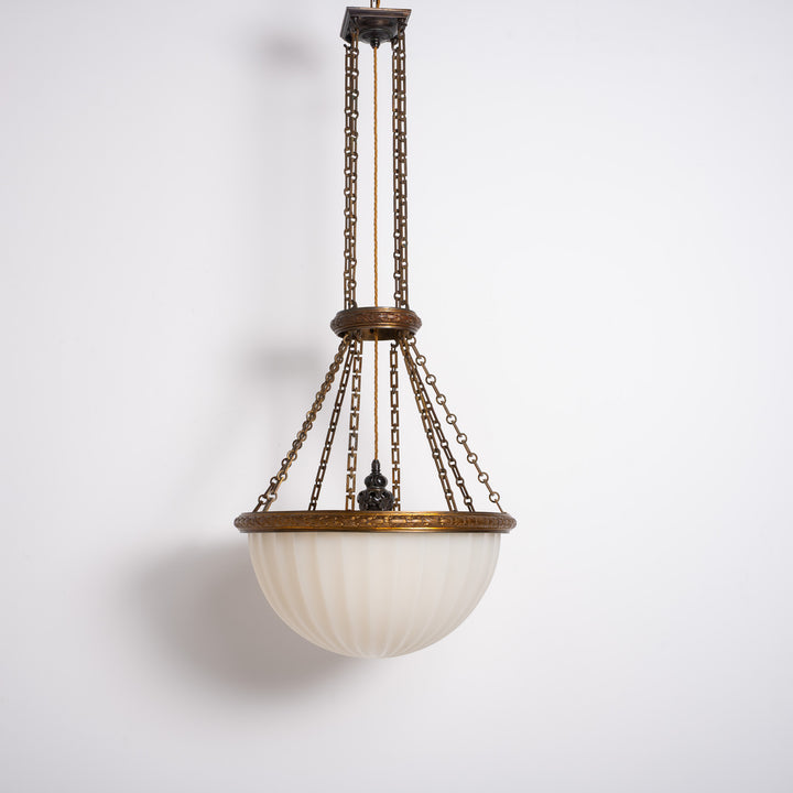 Rare Monumental 20 inch Jefferson Moonstone Pendant Light with Exceptional Cast Brass Fittings