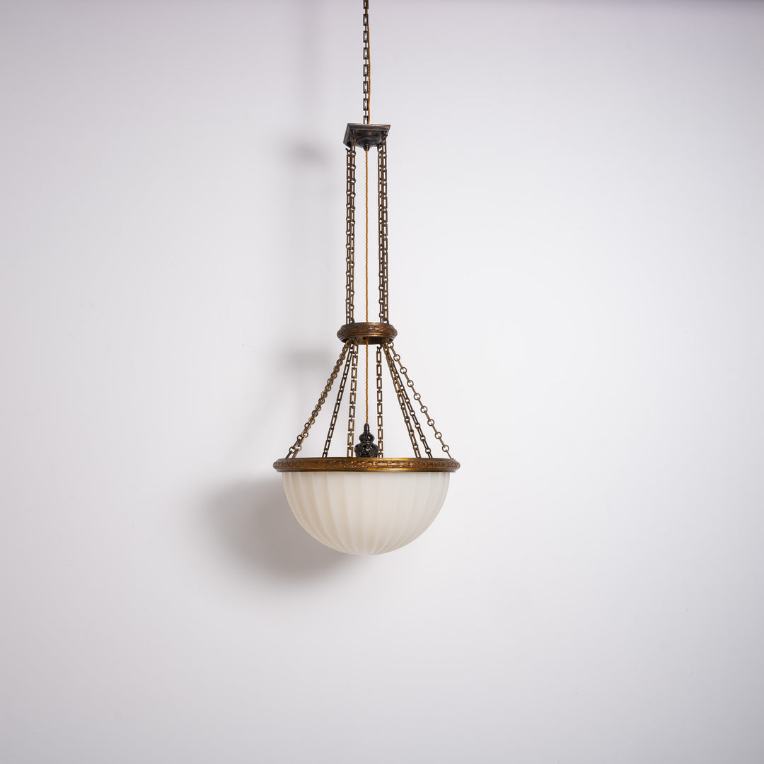 Rare Monumental 20 inch Jefferson Moonstone Pendant Light with Exceptional Cast Brass Fittings
