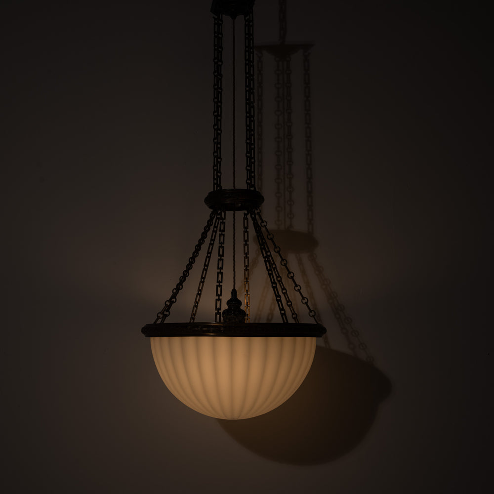 Rare Monumental 20 inch Jefferson Moonstone Pendant Light with Exceptional Cast Brass Fittings
