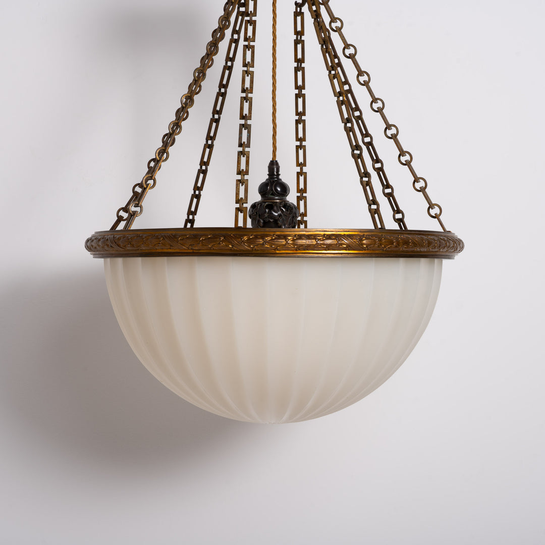 Rare Monumental 20 inch Jefferson Moonstone Pendant Light with Exceptional Cast Brass Fittings