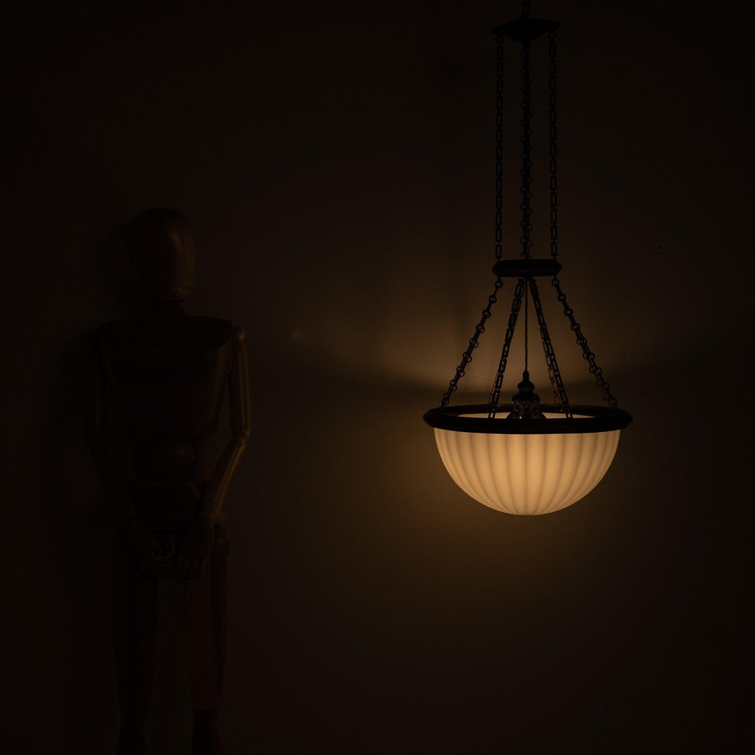Rare Monumental 20 inch Jefferson Moonstone Pendant Light with Exceptional Cast Brass Fittings