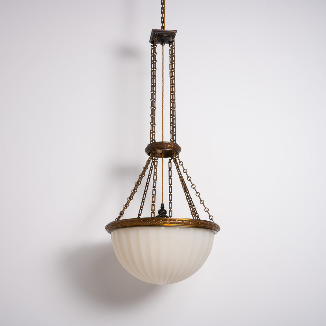 Rare Monumental 20 inch Jefferson Moonstone Pendant Light with Exceptional Cast Brass Fittings