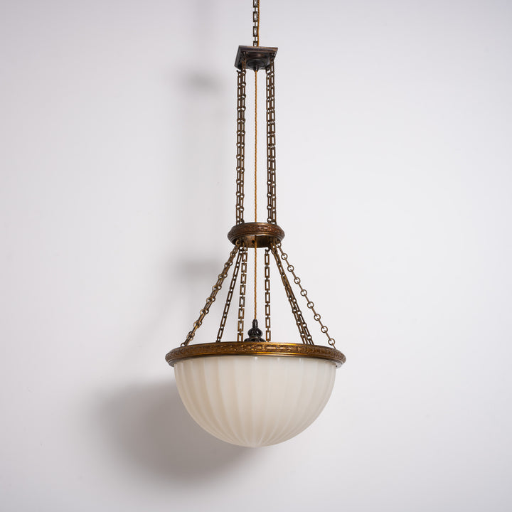 Rare Monumental 20 inch Jefferson Moonstone Pendant Light with Exceptional Cast Brass Fittings