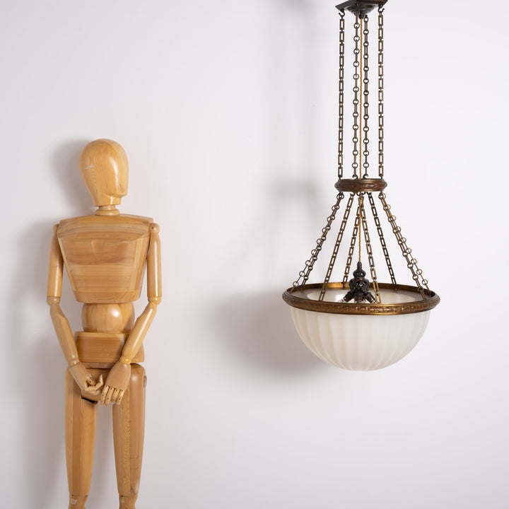Rare Monumental 20 inch Jefferson Moonstone Pendant Light with Exceptional Cast Brass Fittings