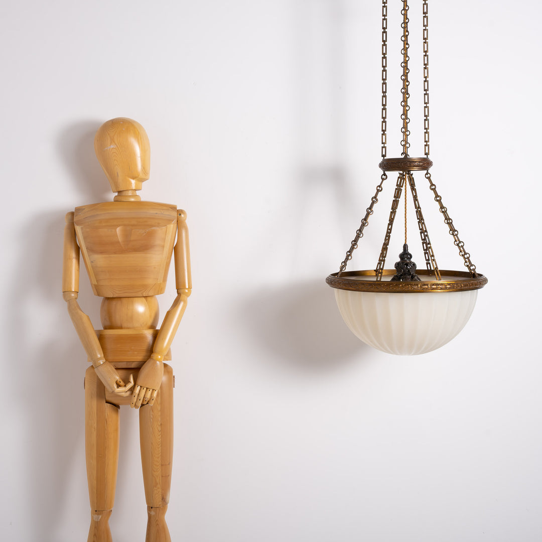Rare Monumental 20 inch Jefferson Moonstone Pendant Light with Exceptional Cast Brass Fittings