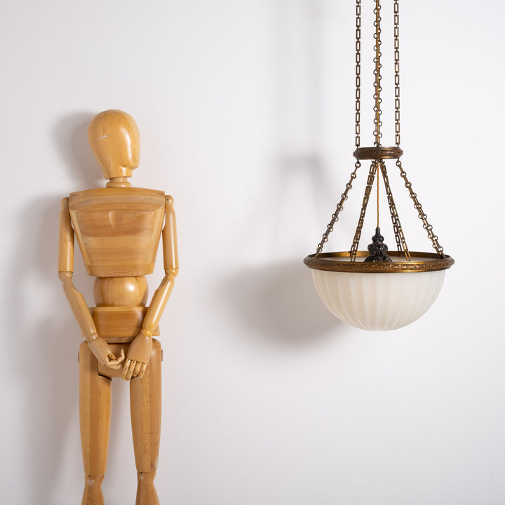 Rare Monumental 20 inch Jefferson Moonstone Pendant Light with Exceptional Cast Brass Fittings
