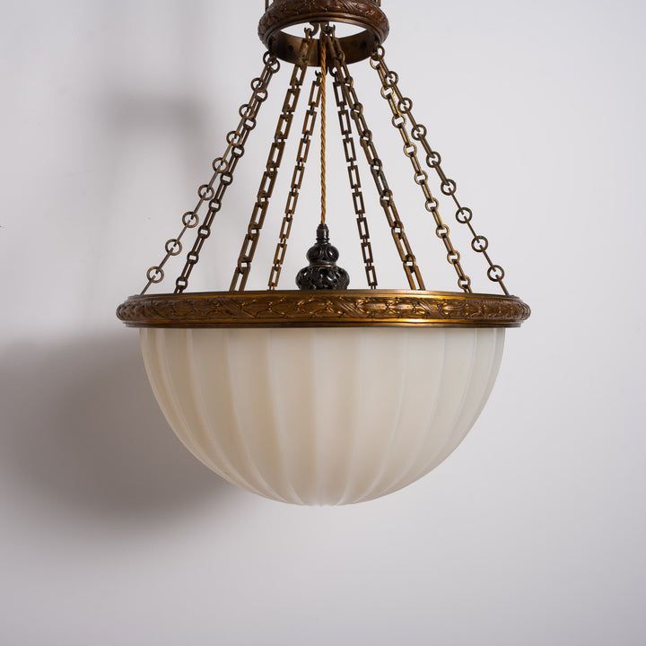 Rare Monumental 20 inch Jefferson Moonstone Pendant Light with Exceptional Cast Brass Fittings