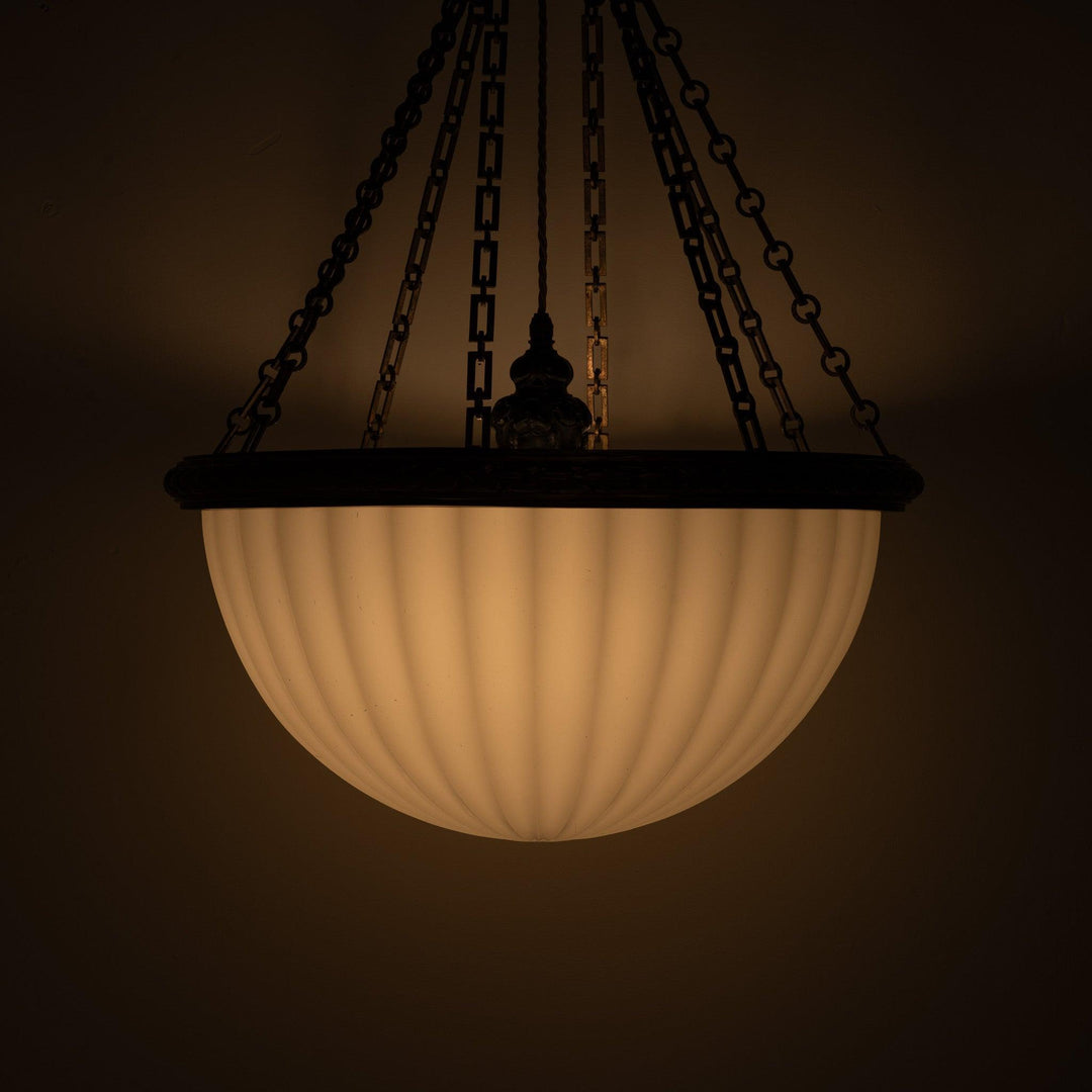 Rare Monumental 20 inch Jefferson Moonstone Pendant Light with Exceptional Cast Brass Fittings