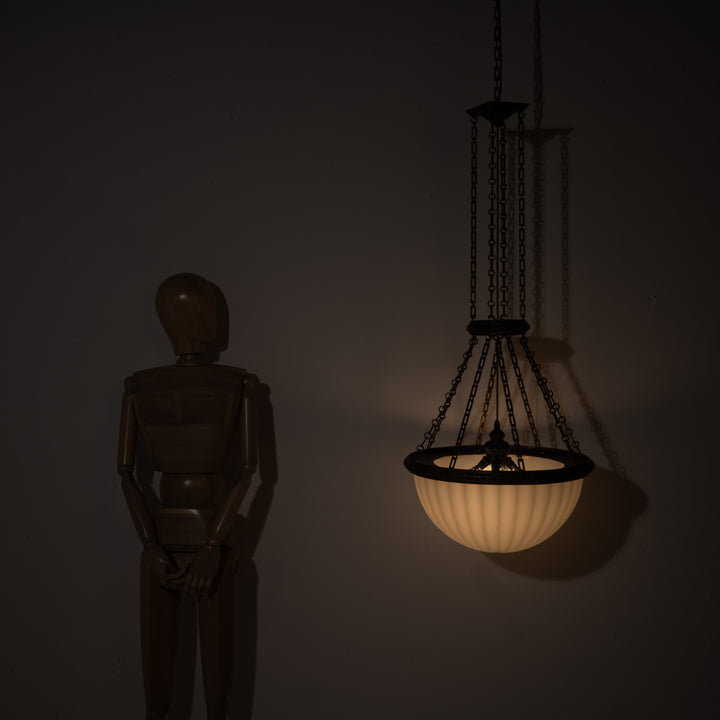 Rare Monumental 20 inch Jefferson Moonstone Pendant Light with Exceptional Cast Brass Fittings