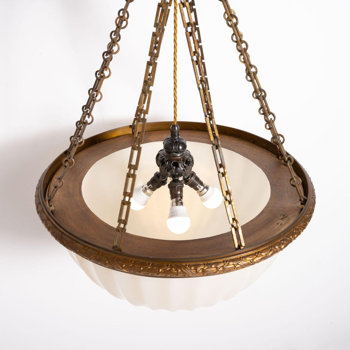 Rare Monumental 20 inch Jefferson Moonstone Pendant Light with Exceptional Cast Brass Fittings