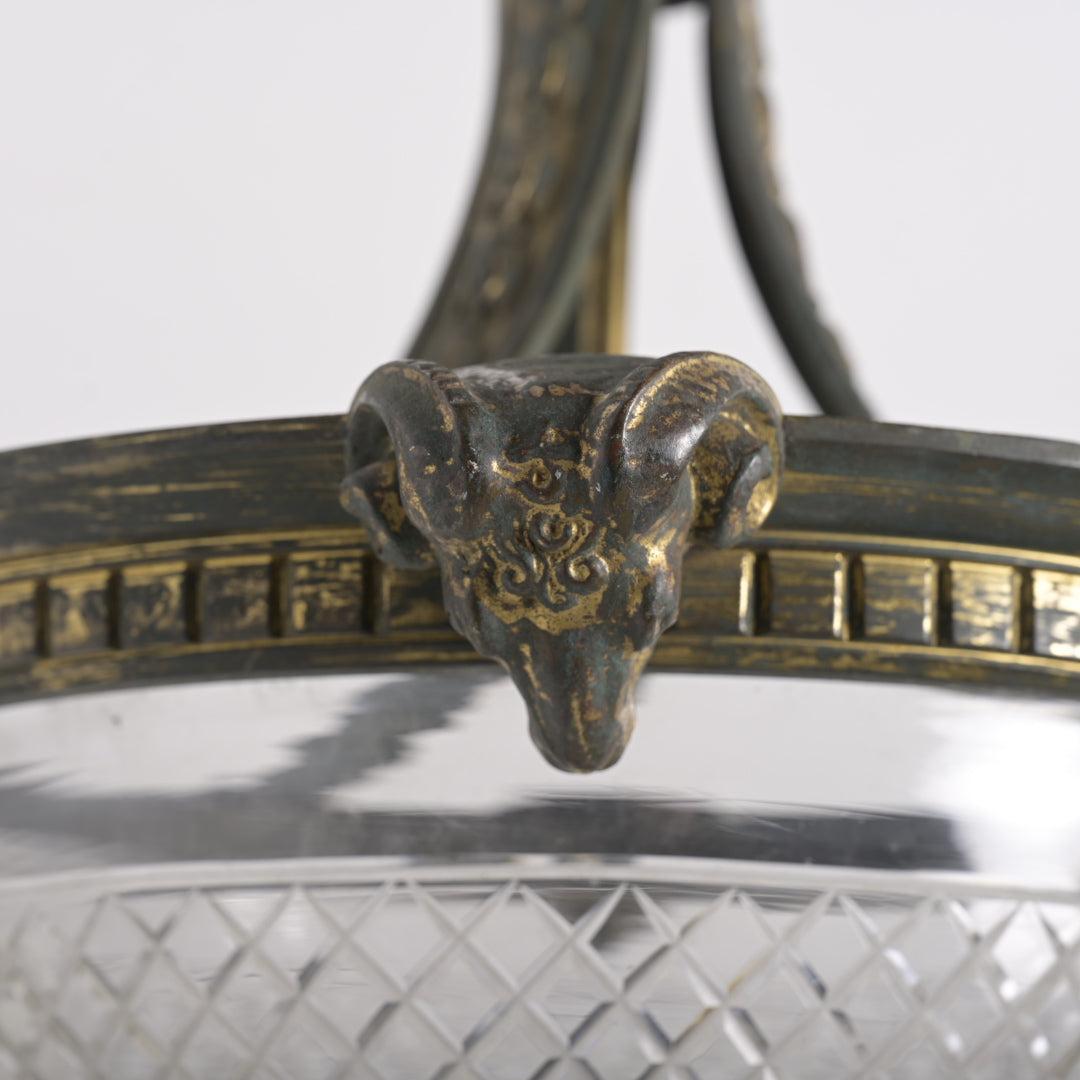 Rare Monumental Charles Henshaw Cast Bronze Plafonnier with Large Cut Crystal Bowl