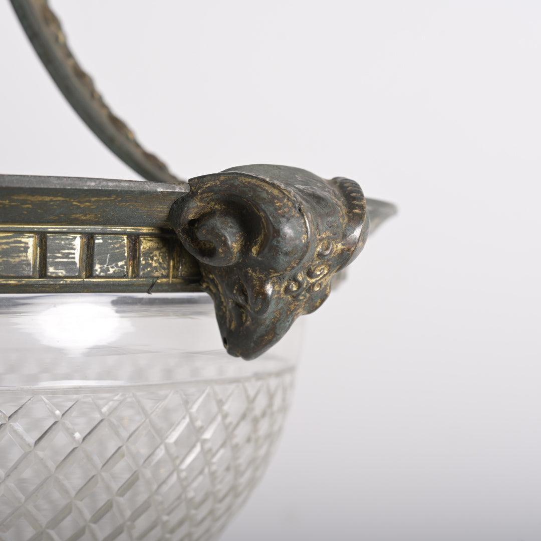 Rare Monumental Charles Henshaw Cast Bronze Plafonnier with Large Cut Crystal Bowl