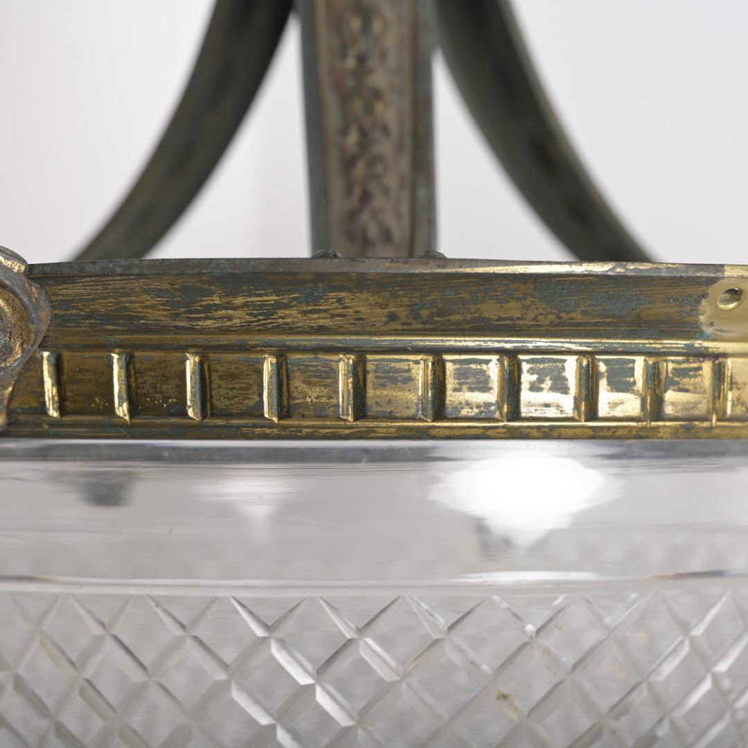 Rare Monumental Charles Henshaw Cast Bronze Plafonnier with Large Cut Crystal Bowl