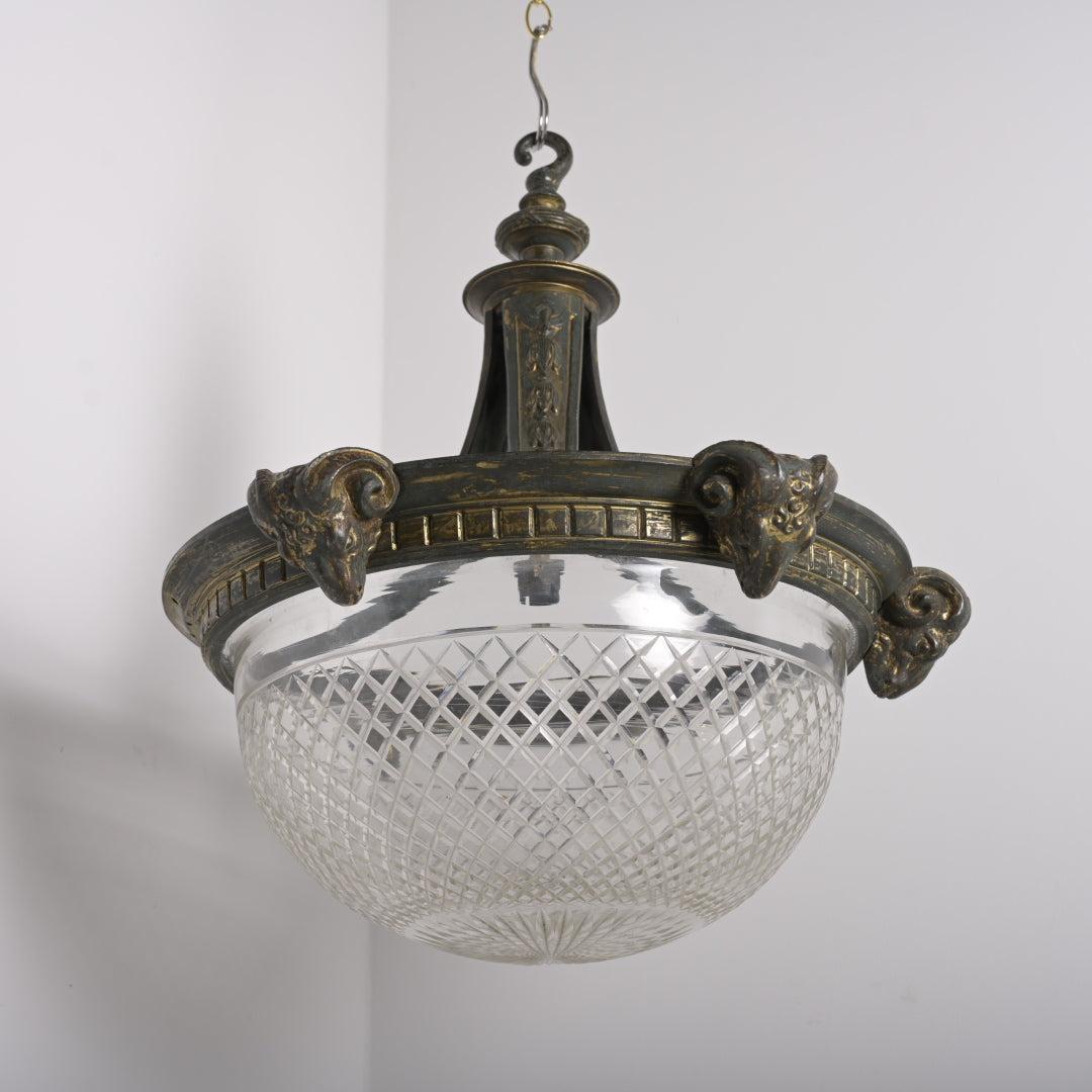 Rare Monumental Charles Henshaw Cast Bronze Plafonnier with Large Cut Crystal Bowl