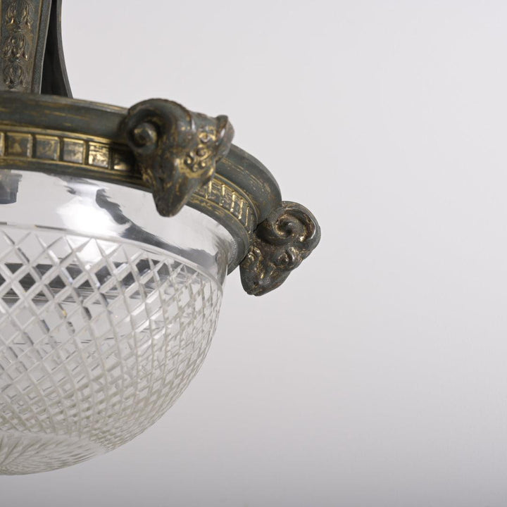 Rare Monumental Charles Henshaw Cast Bronze Plafonnier with Large Cut Crystal Bowl