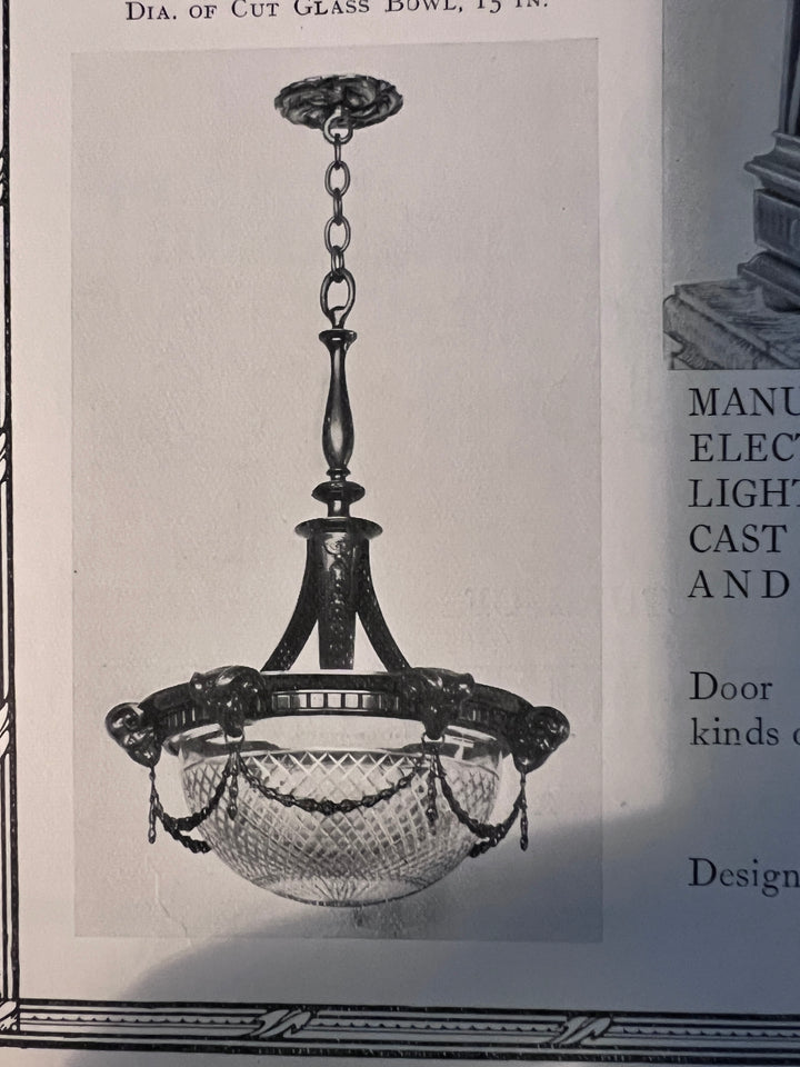 Rare Monumental Charles Henshaw Cast Bronze Plafonnier with Large Cut Crystal Bowl