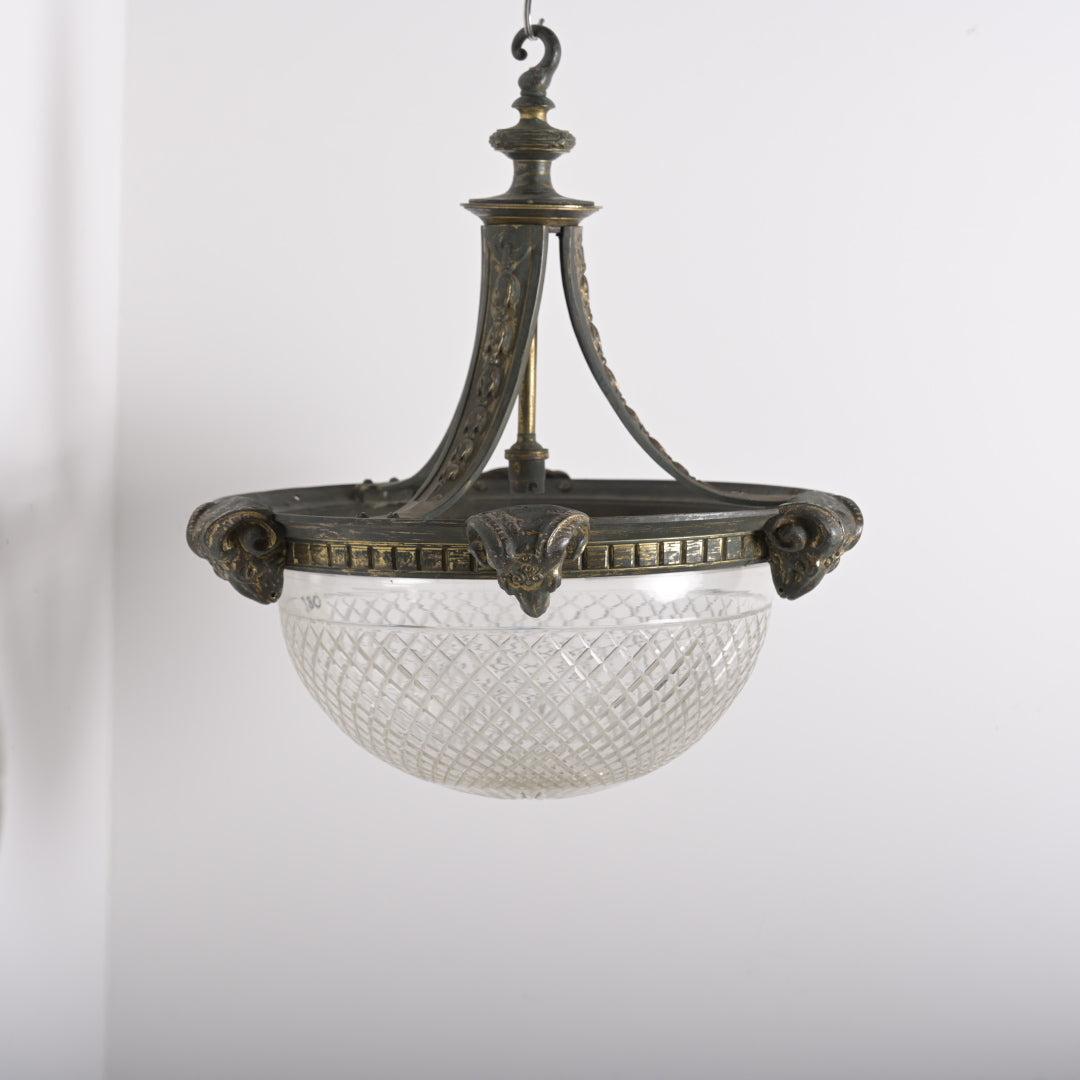 Rare Monumental Charles Henshaw Cast Bronze Plafonnier with Large Cut Crystal Bowl