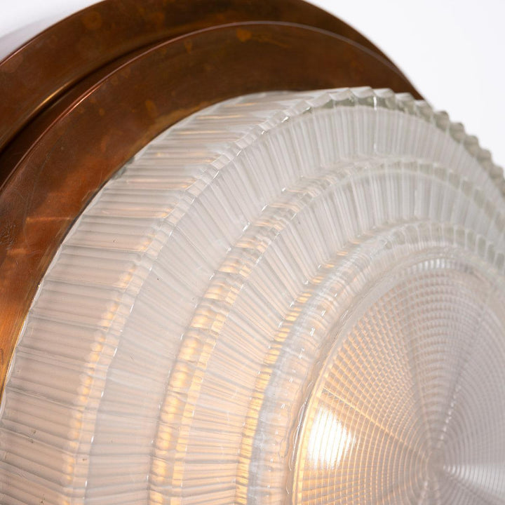 Rare Pair Holophane "STEPLITE" Prismatic Glass & Copper Stepped Flush to Ceiling Fittings